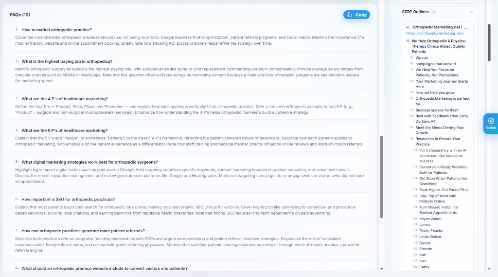 Content brief FAQs with SERP outline research sidebar