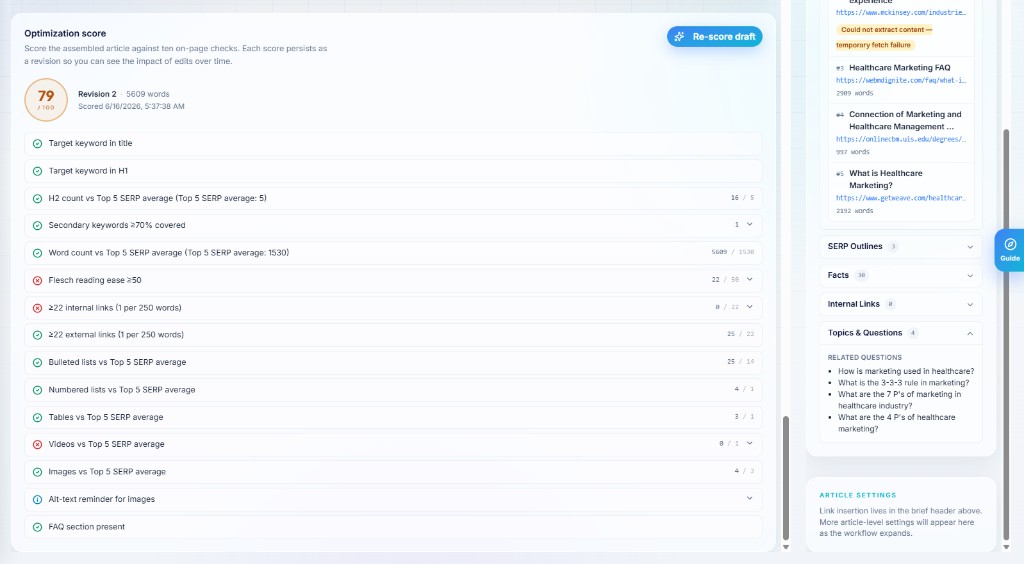 Content brief optimization score with checklist and topics panel