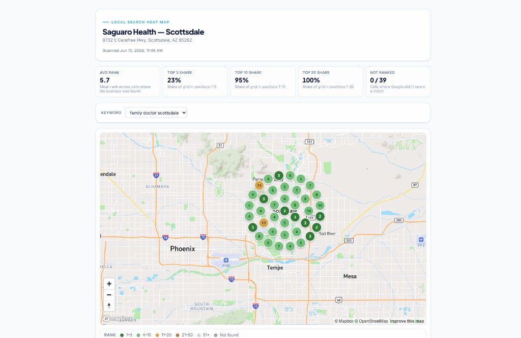 Shareable local search heat map with rank summary metrics