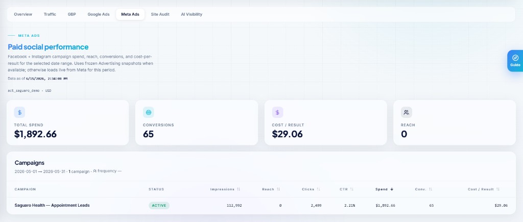 Client report Meta Ads performance table