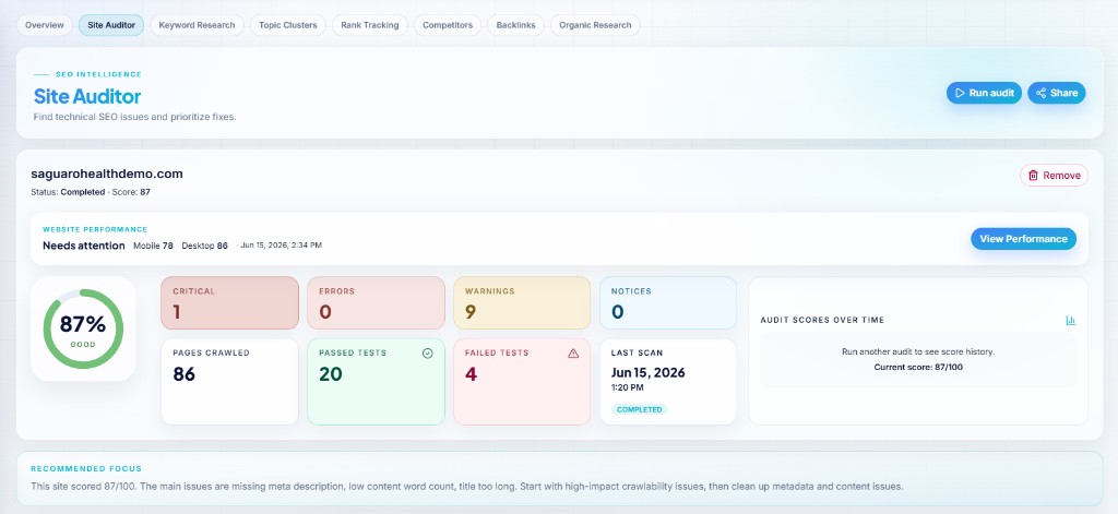 Site audit overview with health score and issue breakdown