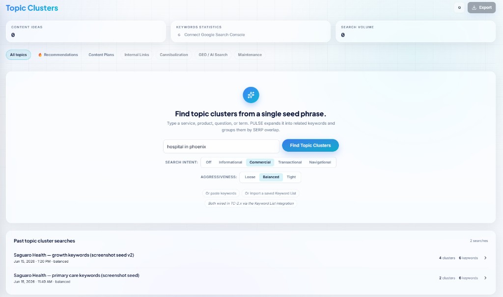 Topic cluster search from a seed phrase